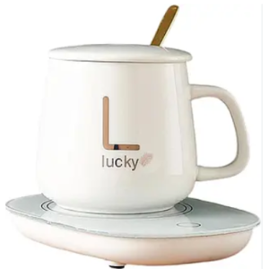 Керамическая чашка "Lucky" кружка с подставкой - подогревом + ложка и крышка, 350 мл(зеленая, розовая, белая)(36)