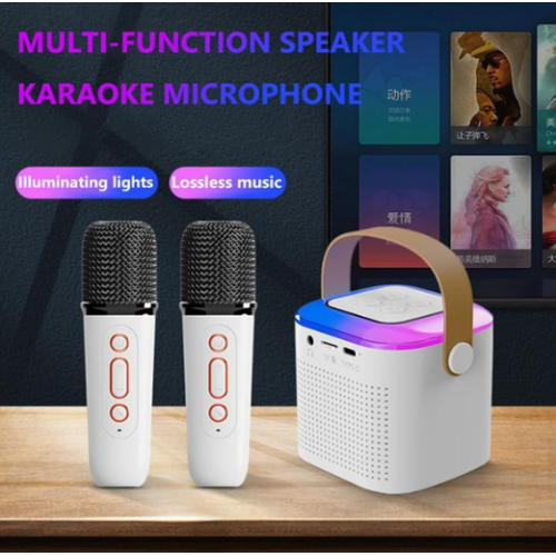 Беспроводная караоке колонка с 2 микрофонами и RGB подсветкой K12\95(А9) Mini AUX голубая, розовая,белый, черный (40)