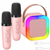 Беспроводная караоке колонка с 2-мя микрофонами и RGB подсветкой K12\94(А31) Mini AUX голубая, розовая,бежевый(40)