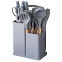 Набор кухонных принадлежностей 19 предметов с двойной подставкой разделочной доской набором ножей: серый, черный, розовый (18)