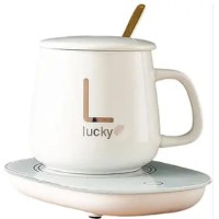 Керамическая чашка "Lucky" кружка с подставкой - подогревом + ложка и крышка, 350 мл(зеленая, розовая, белая(36)