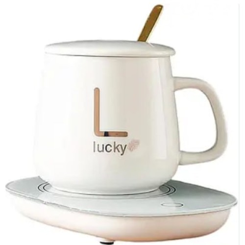 Керамическая чашка "Lucky" кружка с подставкой - подогревом + ложка и крышка, 350 мл(зеленая, розовая, белая(36)