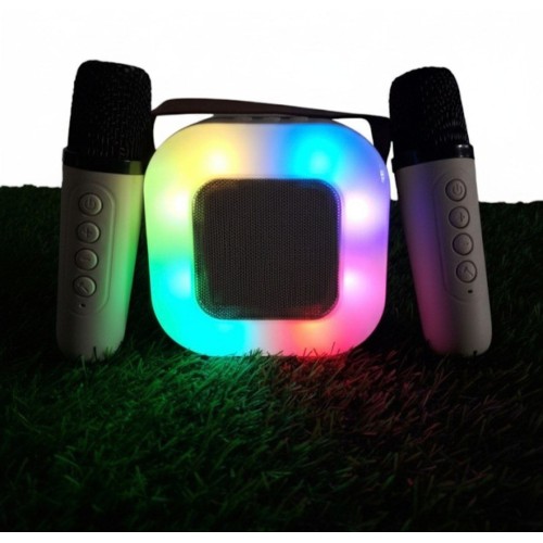 Беспроводная караоке колонка с 2-мя микрофонами и RGB подсветкой K12\94(А31) Mini AUX голубая, розовая,бежевый(40)