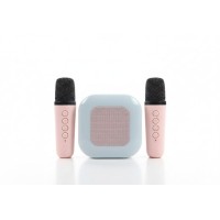 Беспроводная караоке колонка с 2-мя микрофонами и RGB подсветкой K12\94(А31) Mini AUX голубая, розовая,бежевый(40)